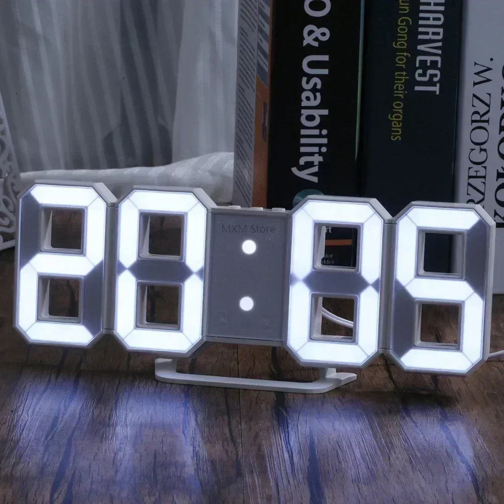 Reloj digital LED 3D de pared con modo nocturno luminoso; decoración electrónica ajustable con estética ideal para dormitorios.