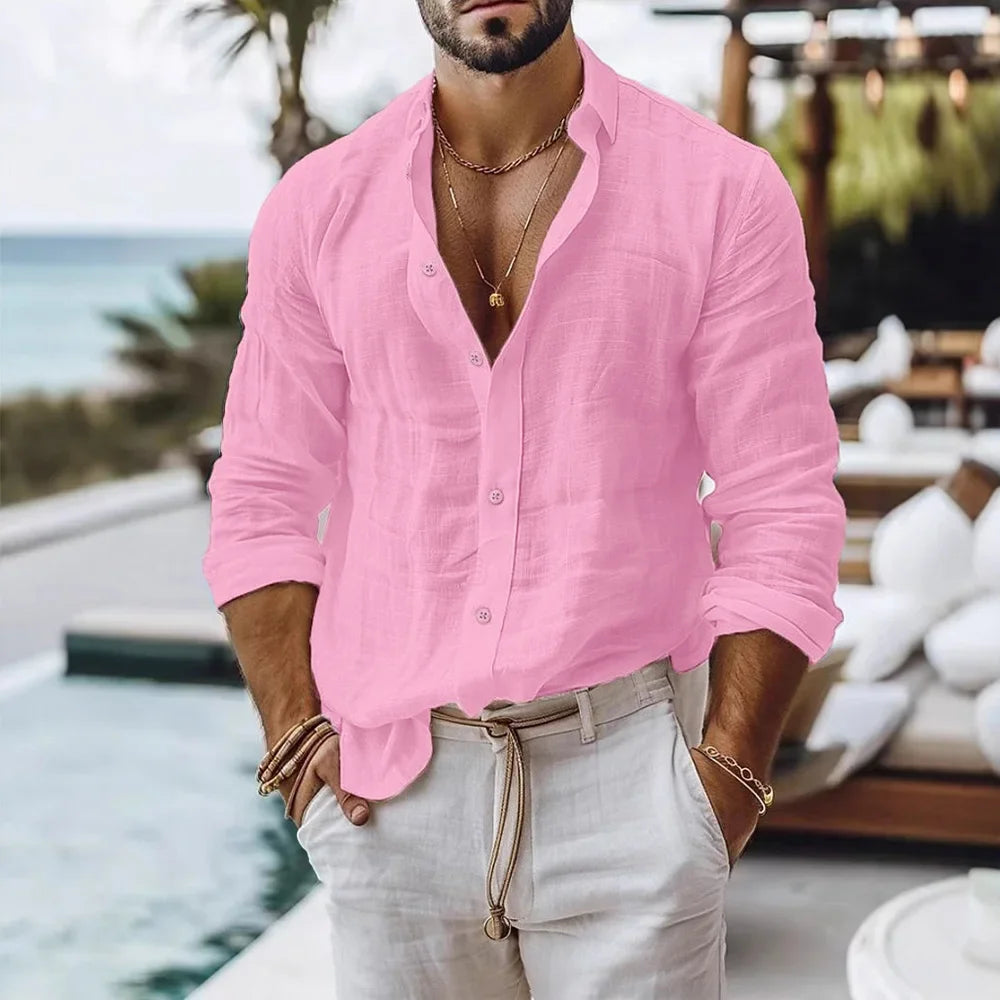 Camisa de algodón y lino para hombre, estilo playero de verano