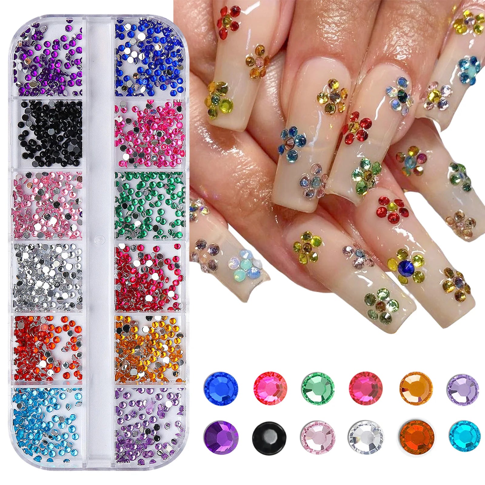 Set de 12 compartimentos con pedrería brillante para uñas: