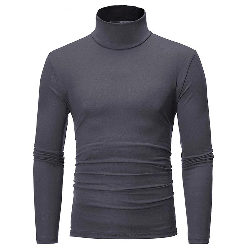 Camiseta térmica de manga larga para hombre: cuello alto, ajuste entallado y tejido fino; ideal para otoño e invierno.