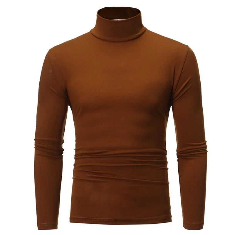 Camiseta térmica de manga larga para hombre: cuello alto, ajuste entallado y tejido fino; ideal para otoño e invierno.