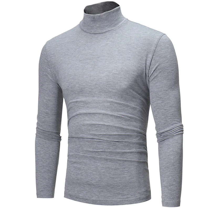 Camiseta térmica de manga larga para hombre: cuello alto, ajuste entallado y tejido fino; ideal para otoño e invierno.