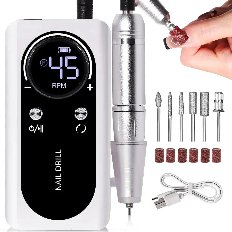 Torno eléctrico portátil y profesional para uñas (45.000 RPM): recargable, silencioso y apto para manicura en salones de belleza.