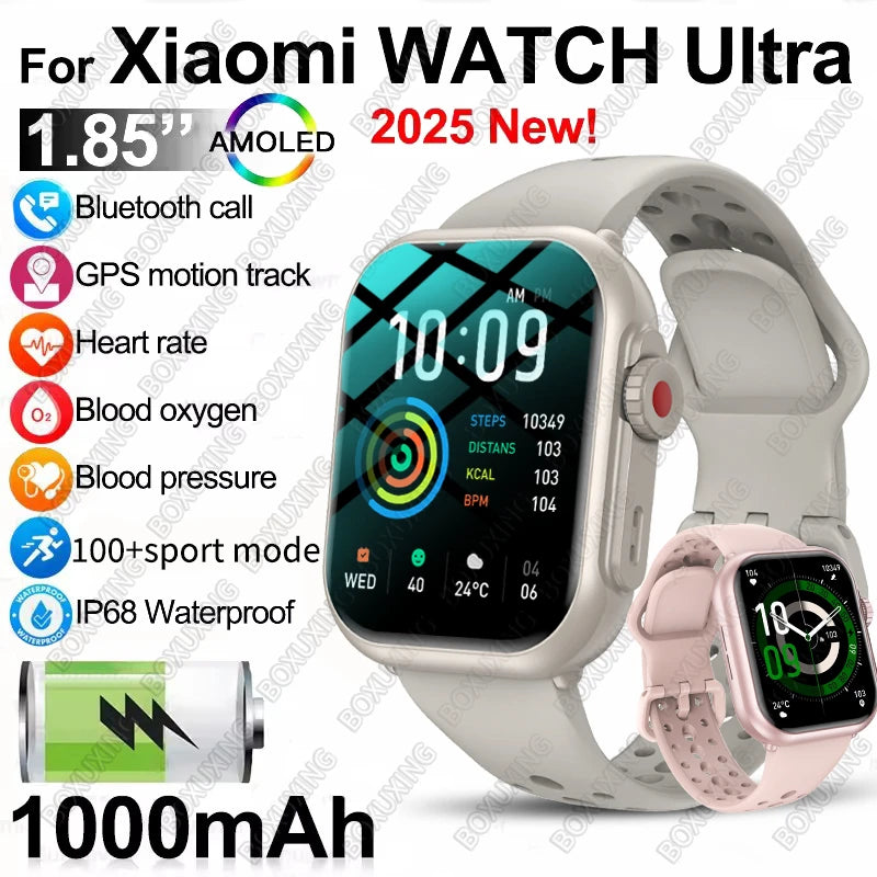 Nuevo smartwatch Xiaomi 2025 para hombre y mujer: pantalla táctil completa AMOLED HD de 1,85 pulgadas, resistencia al agua IP68 y llamadas por Bluetooth.