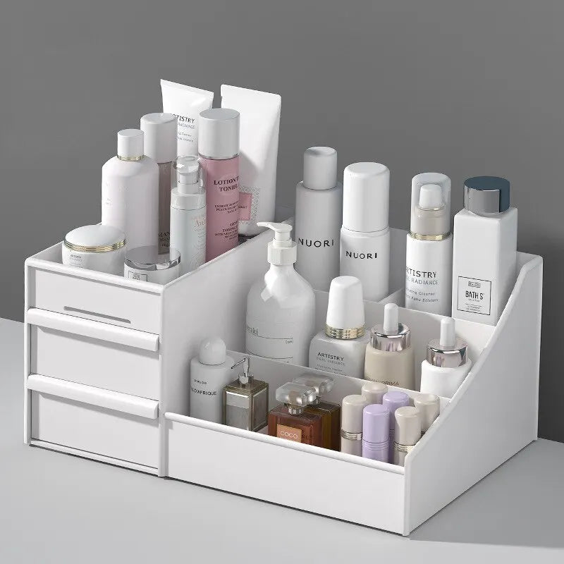 1 unidad - Caja organizadora de maquillaje con cajón (blanca) - Organizador de plástico para escritorio, tocador o dormitorio (para cosméticos y productos de cuidado de la piel)
