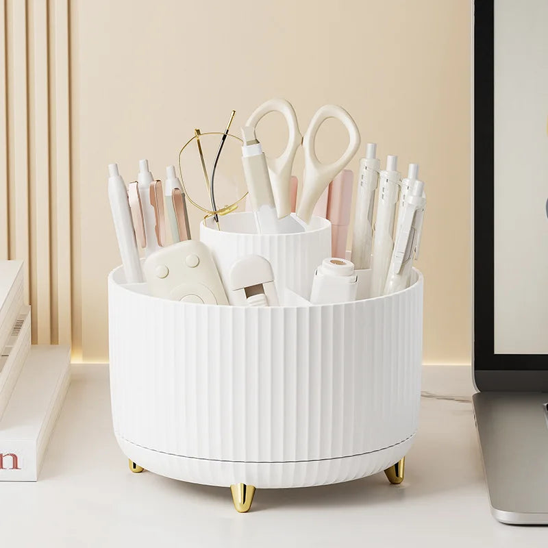 Organizador de maquillaje giratorio 360° para escritorio: caja de almacenamiento de gran capacidad para baño, portátil y apta para labiales, brochas y lápices.