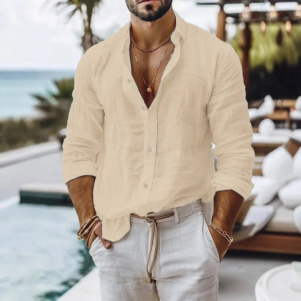 Camisa de algodón y lino para hombre, estilo playero de verano