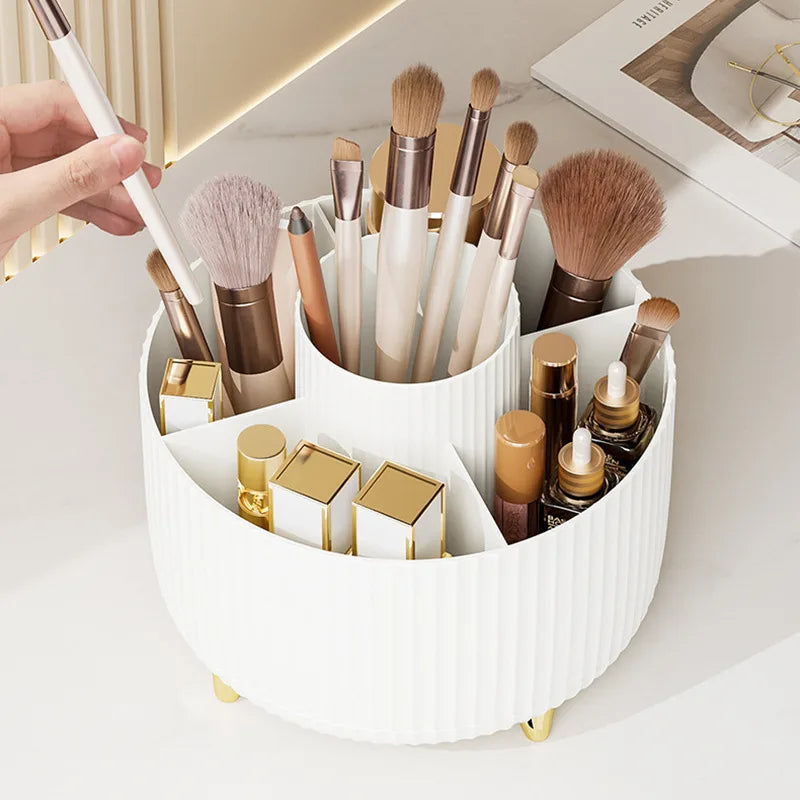 Organizador de maquillaje giratorio 360° para escritorio: caja de almacenamiento de gran capacidad para baño, portátil y apta para labiales, brochas y lápices.