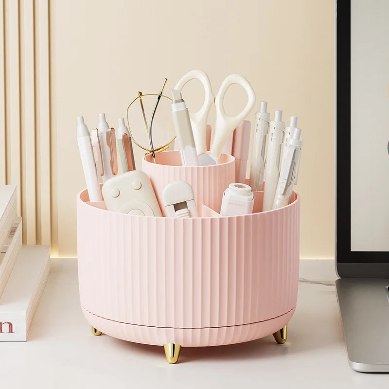 Organizador de maquillaje giratorio 360° para escritorio: caja de almacenamiento de gran capacidad para baño, portátil y apta para labiales, brochas y lápices.