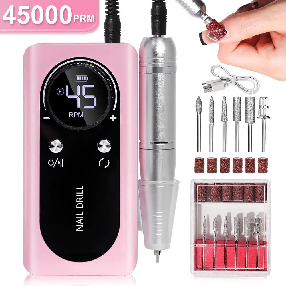Torno eléctrico portátil y profesional para uñas (45.000 RPM): recargable, silencioso y apto para manicura en salones de belleza.