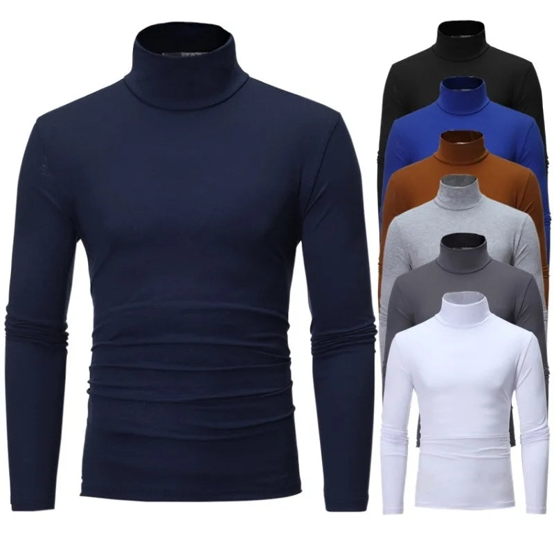 Camiseta térmica de manga larga para hombre: cuello alto, ajuste entallado y tejido fino; ideal para otoño e invierno.