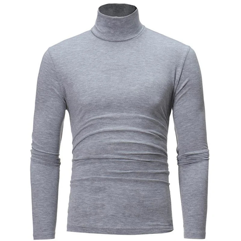 Camiseta térmica de manga larga para hombre: cuello alto, ajuste entallado y tejido fino; ideal para otoño e invierno.