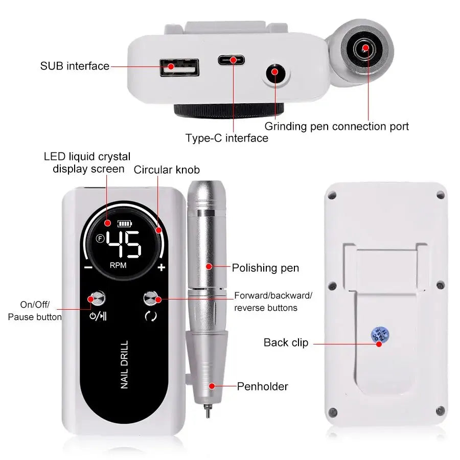 Torno eléctrico portátil y profesional para uñas (45.000 RPM): recargable, silencioso y apto para manicura en salones de belleza.