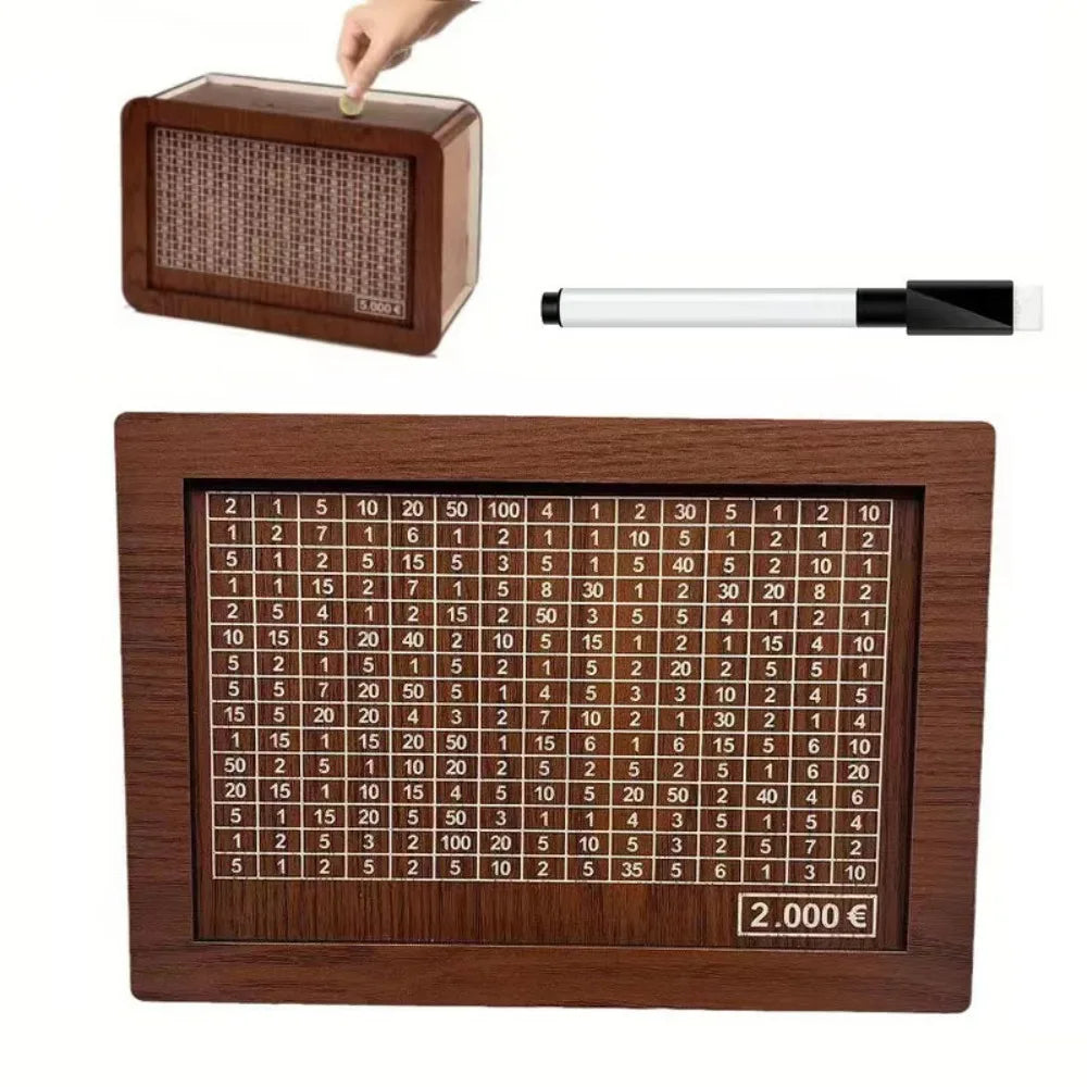 Hucha de madera reutilizable para ahorrar 1000/3000/5000/10000 euros; caja de seguridad para efectivo y desafío de ahorro ( para niños o adultos )