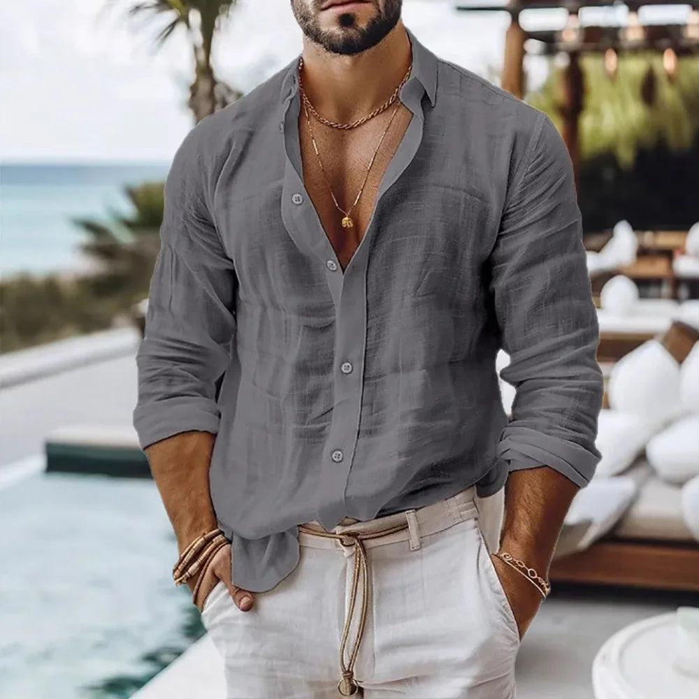 Camisa de algodón y lino para hombre, estilo playero de verano