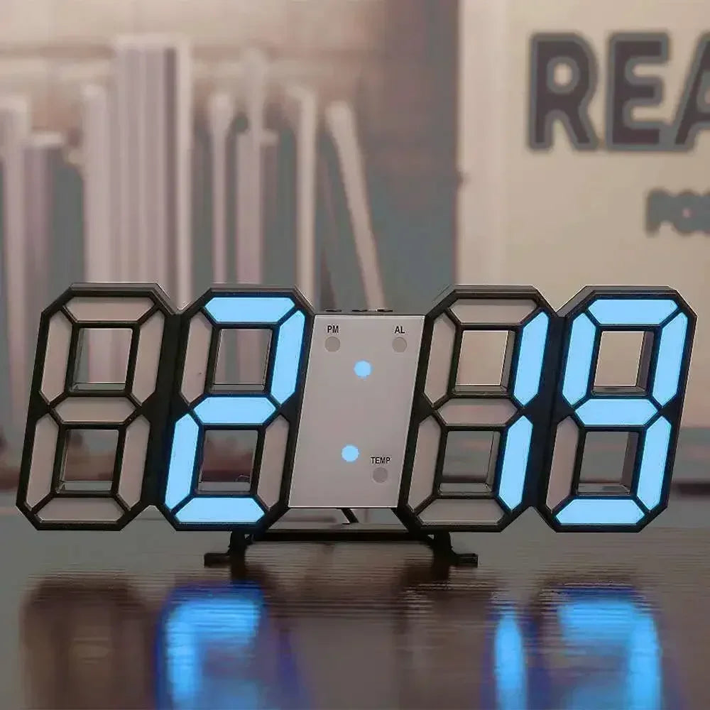 Reloj digital LED 3D de pared con modo nocturno luminoso; decoración electrónica ajustable con estética ideal para dormitorios.