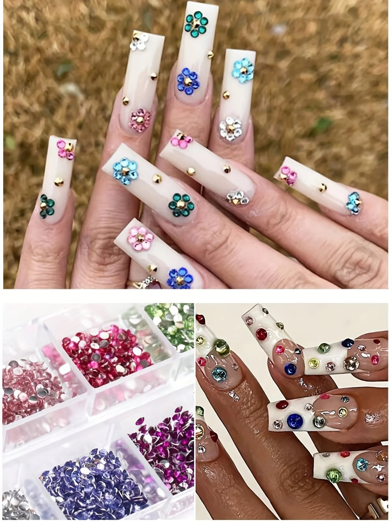 Set de 12 compartimentos con pedrería brillante para uñas: