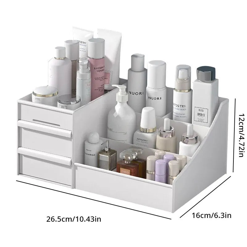 1 unidad - Caja organizadora de maquillaje con cajón (blanca) - Organizador de plástico para escritorio, tocador o dormitorio (para cosméticos y productos de cuidado de la piel)
