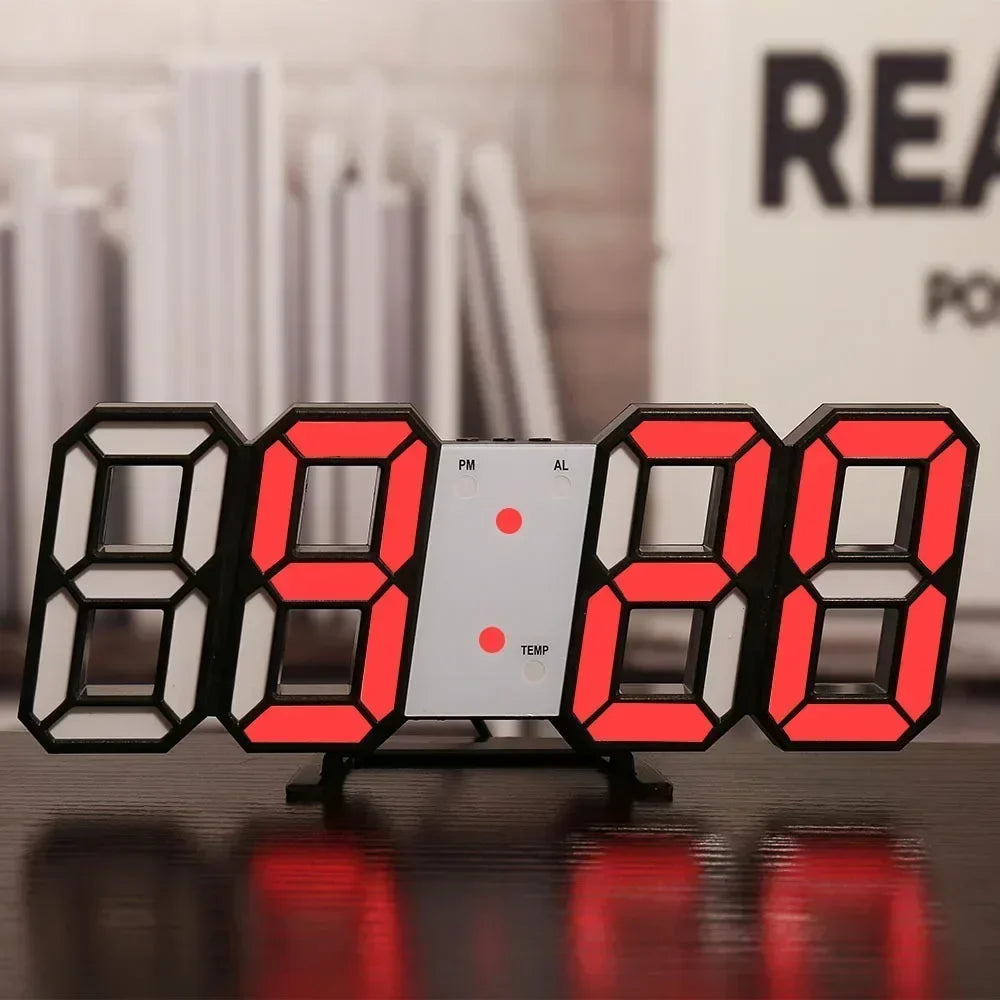 Reloj digital LED 3D de pared con modo nocturno luminoso; decoración electrónica ajustable con estética ideal para dormitorios.