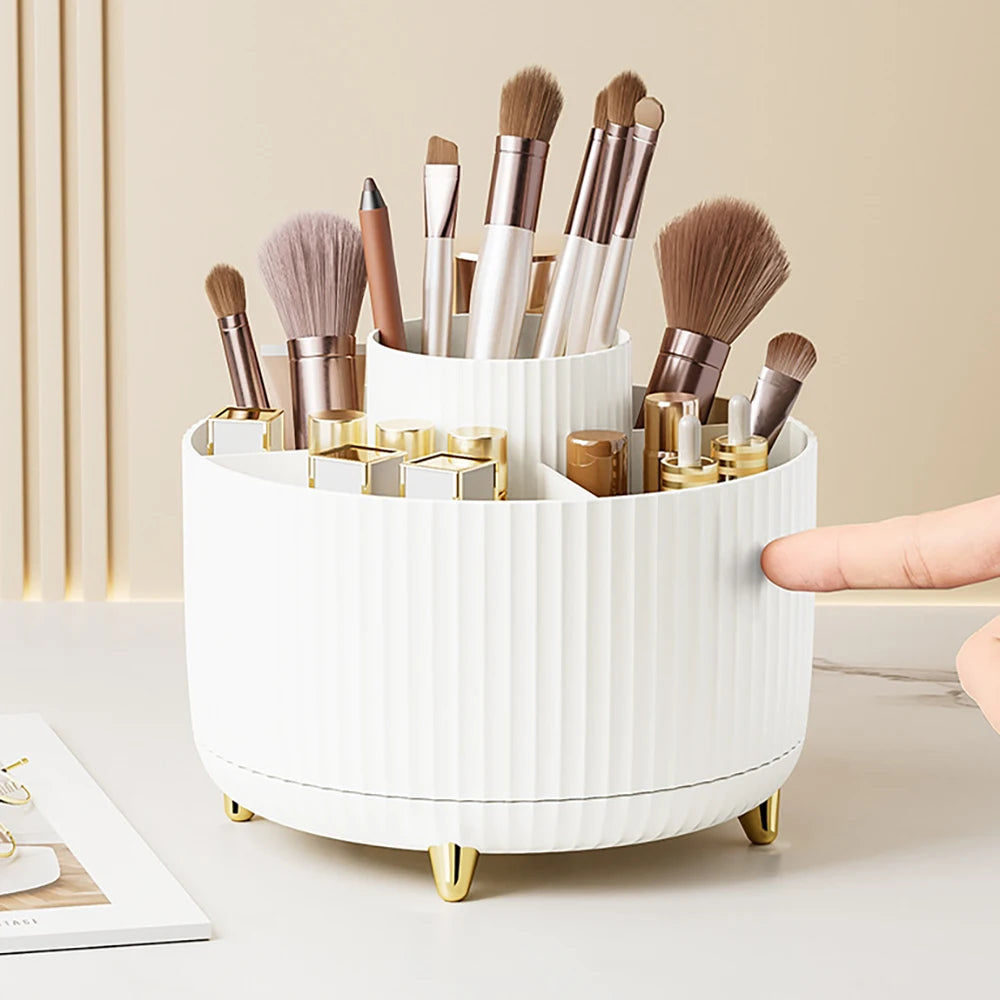 Organizador de maquillaje giratorio 360° para escritorio: caja de almacenamiento de gran capacidad para baño, portátil y apta para labiales, brochas y lápices.