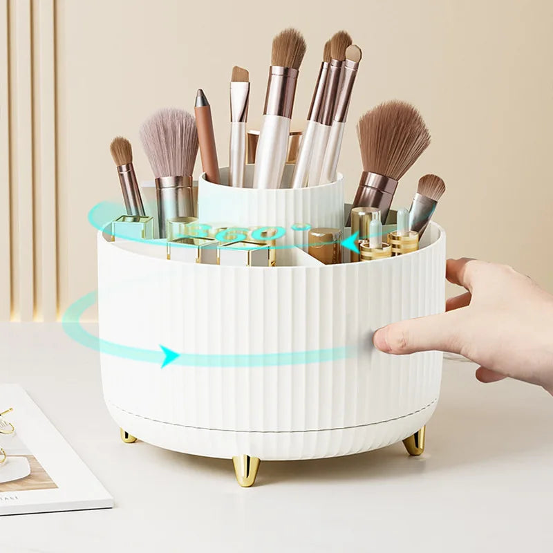 Organizador de maquillaje giratorio 360° para escritorio: caja de almacenamiento de gran capacidad para baño, portátil y apta para labiales, brochas y lápices.