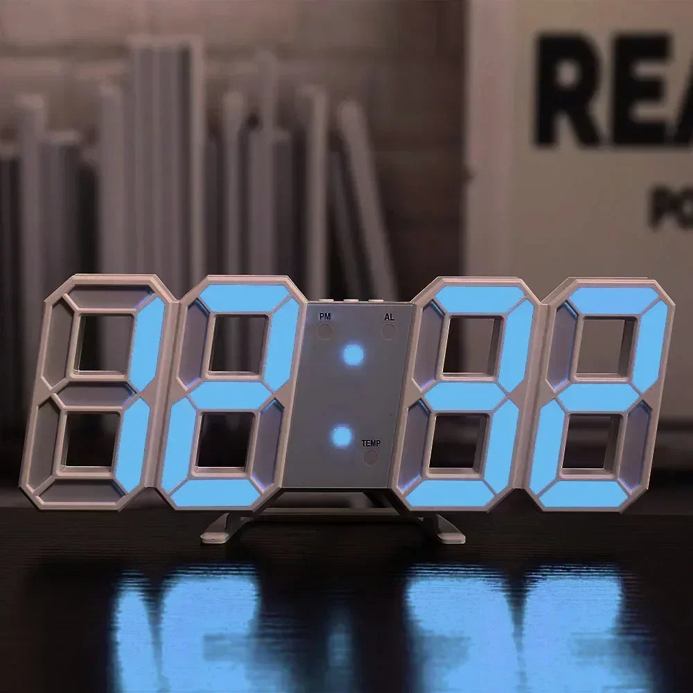 Reloj digital LED 3D de pared con modo nocturno luminoso; decoración electrónica ajustable con estética ideal para dormitorios.