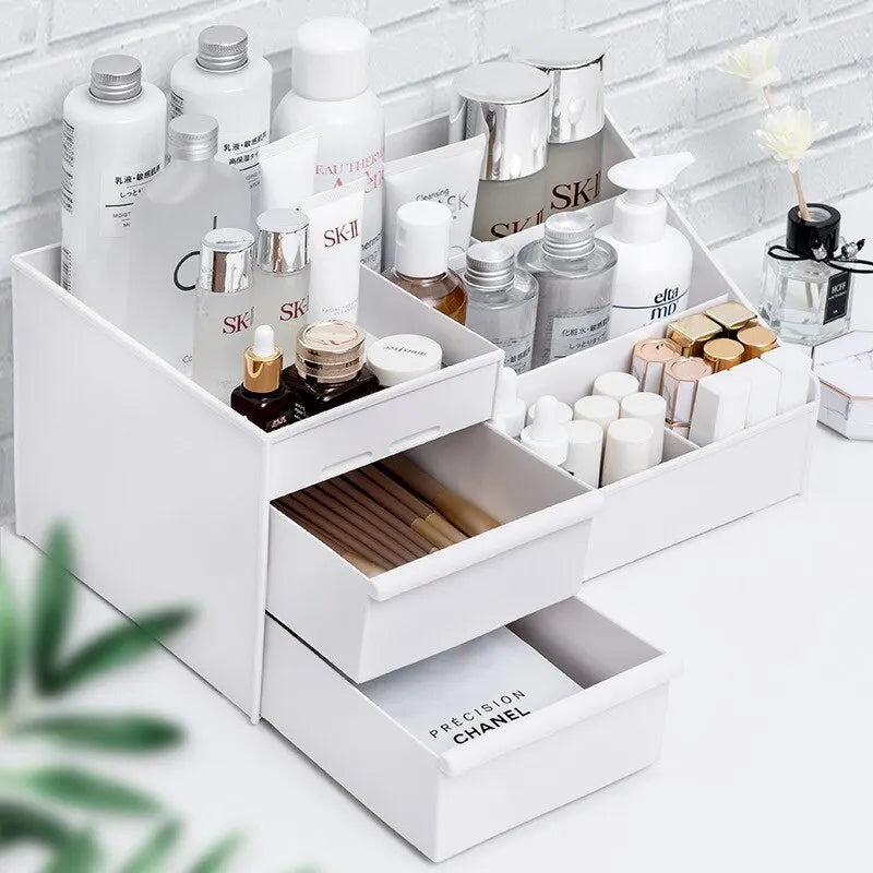 1 unidad - Caja organizadora de maquillaje con cajón (blanca) - Organizador de plástico para escritorio, tocador o dormitorio (para cosméticos y productos de cuidado de la piel)