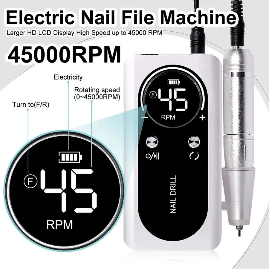 Torno eléctrico portátil y profesional para uñas (45.000 RPM): recargable, silencioso y apto para manicura en salones de belleza.