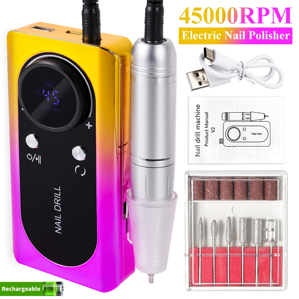 Torno eléctrico portátil y profesional para uñas (45.000 RPM): recargable, silencioso y apto para manicura en salones de belleza.