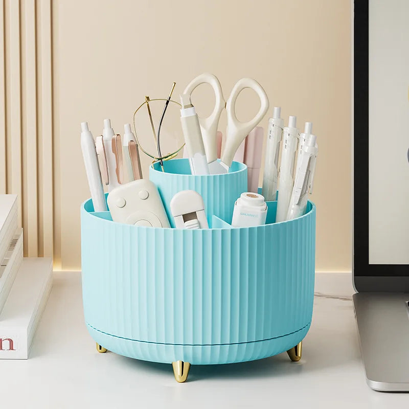 Organizador de maquillaje giratorio 360° para escritorio: caja de almacenamiento de gran capacidad para baño, portátil y apta para labiales, brochas y lápices.