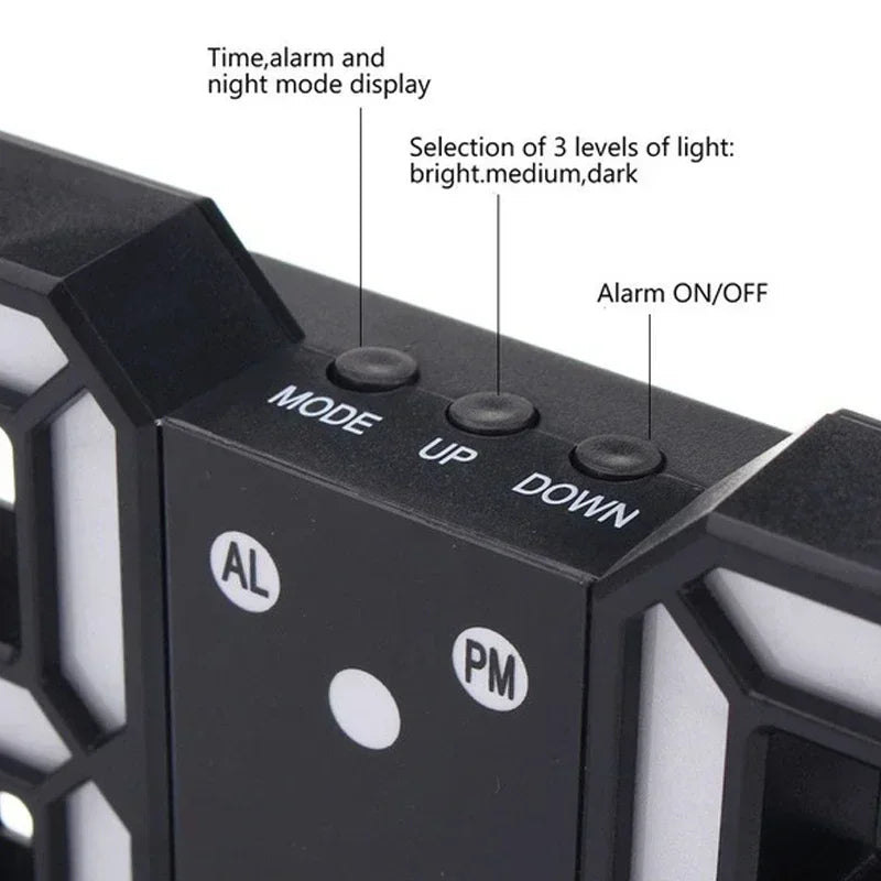 Reloj digital LED 3D de pared con modo nocturno luminoso; decoración electrónica ajustable con estética ideal para dormitorios.
