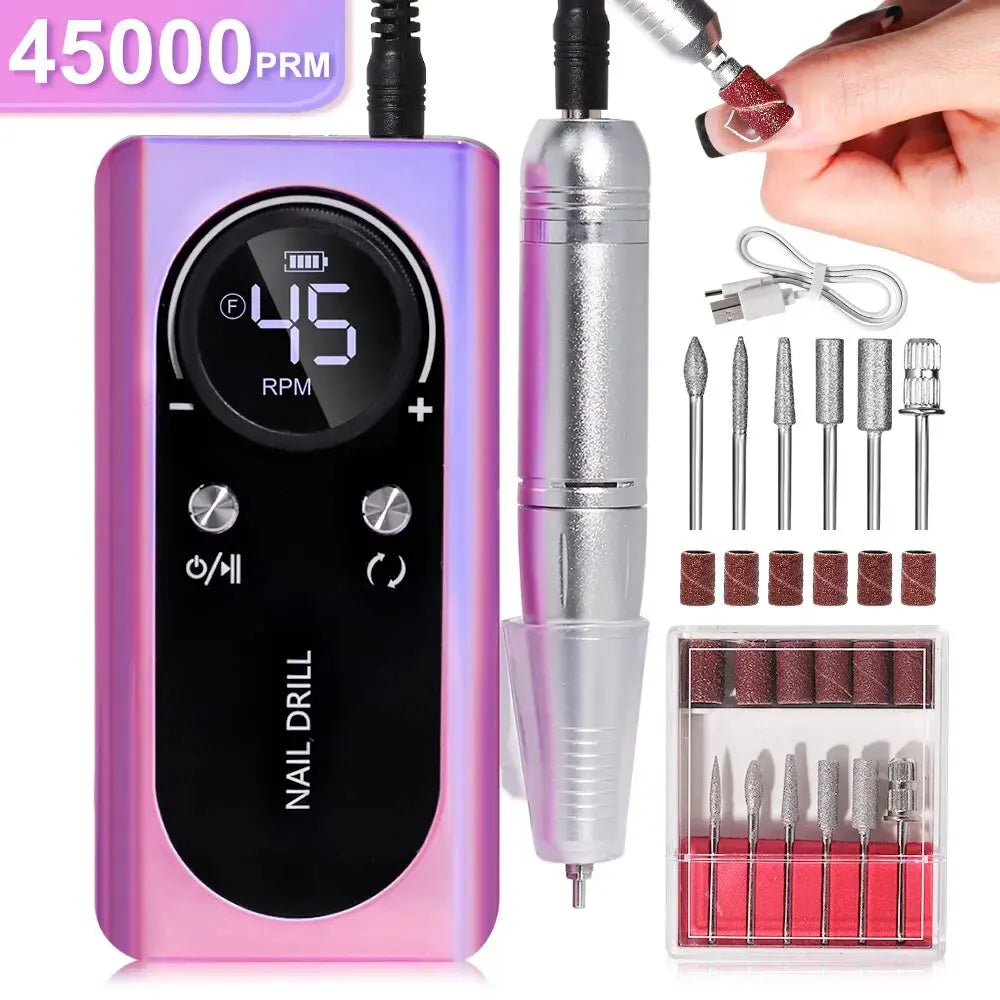 Torno eléctrico portátil y profesional para uñas (45.000 RPM): recargable, silencioso y apto para manicura en salones de belleza.
