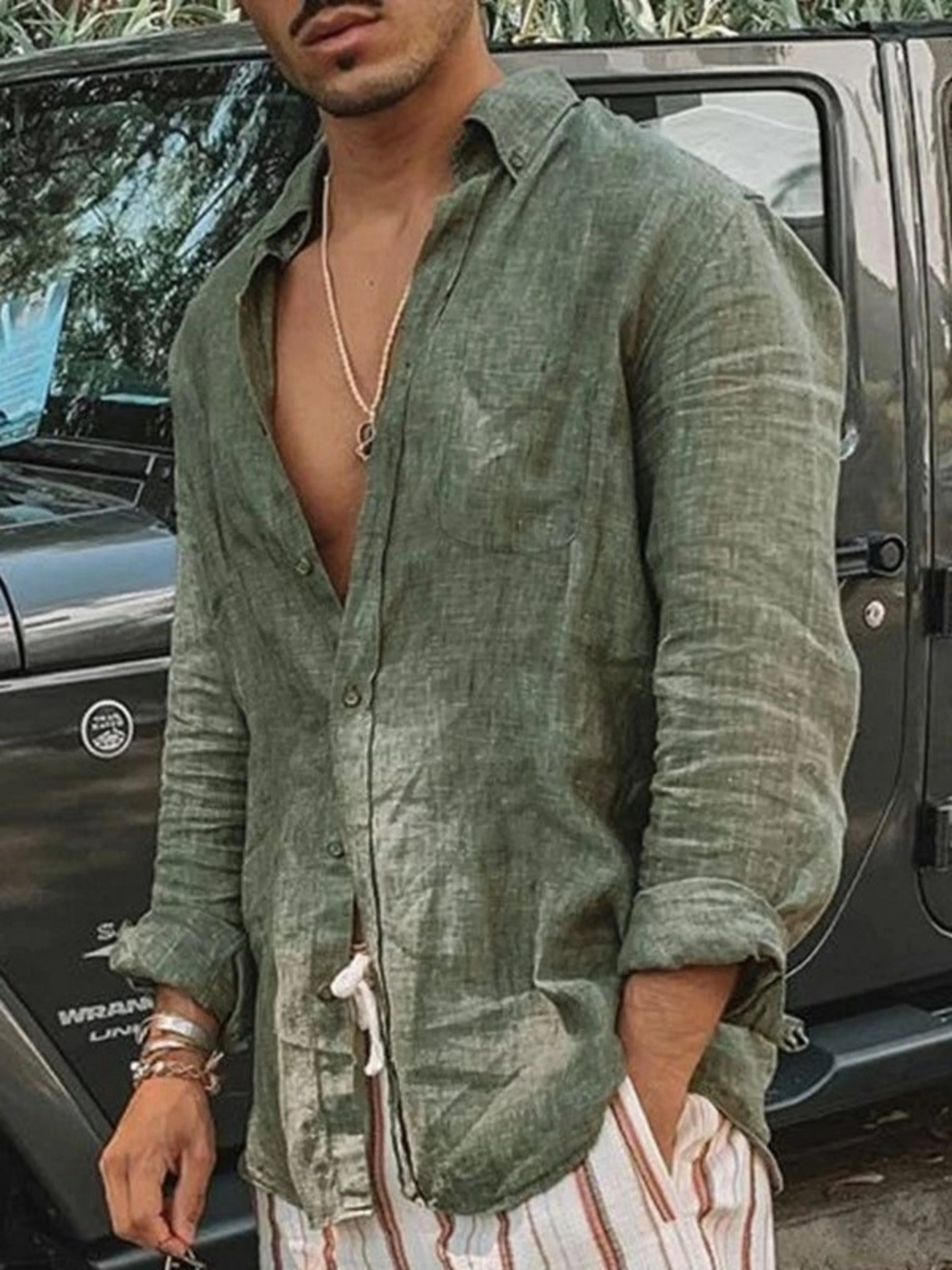 Camisa casual para hombre de manga larga y tejido fino