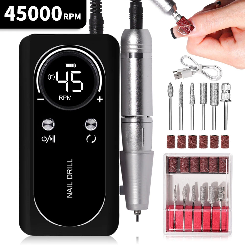 Torno eléctrico portátil y profesional para uñas (45.000 RPM): recargable, silencioso y apto para manicura en salones de belleza.