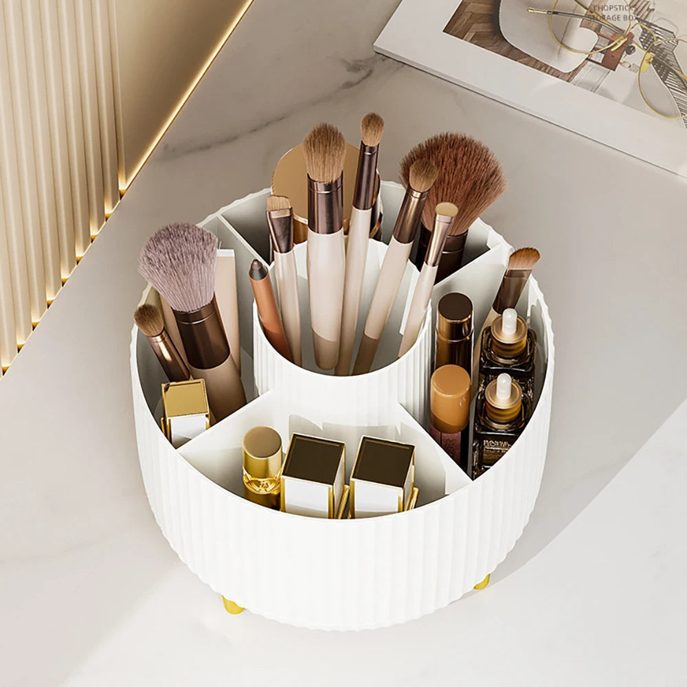 Organizador de maquillaje giratorio 360° para escritorio: caja de almacenamiento de gran capacidad para baño, portátil y apta para labiales, brochas y lápices.