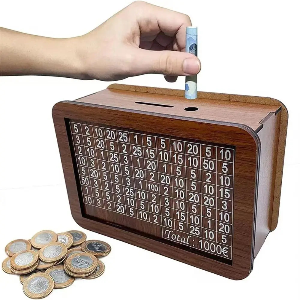 Hucha de madera reutilizable para ahorrar 1000/3000/5000/10000 euros; caja de seguridad para efectivo y desafío de ahorro ( para niños o adultos )