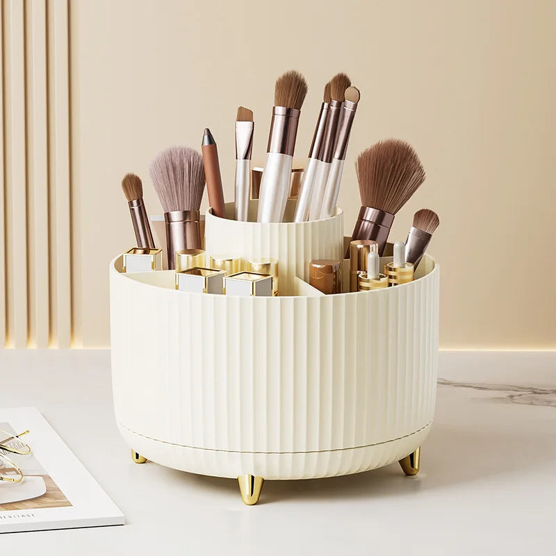 Organizador de maquillaje giratorio 360° para escritorio: caja de almacenamiento de gran capacidad para baño, portátil y apta para labiales, brochas y lápices.