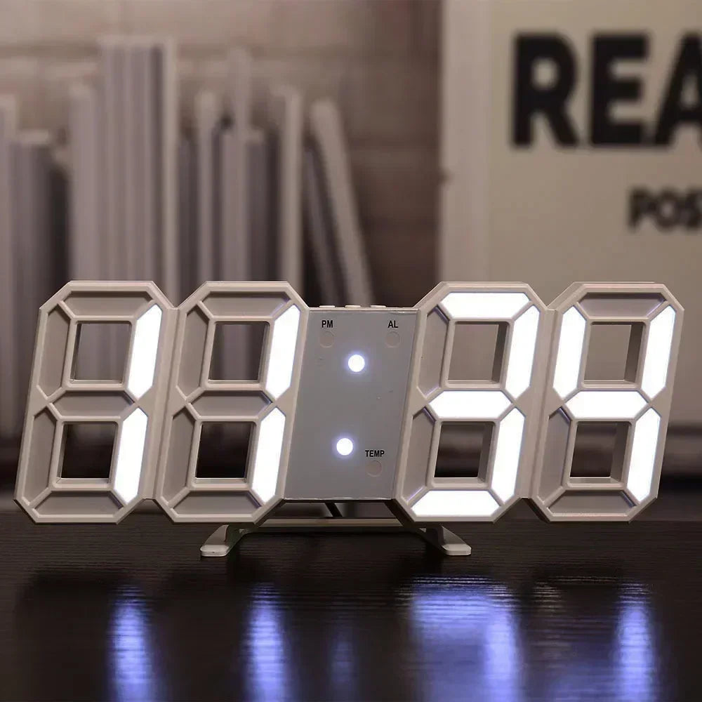 Reloj digital LED 3D de pared con modo nocturno luminoso; decoración electrónica ajustable con estética ideal para dormitorios.