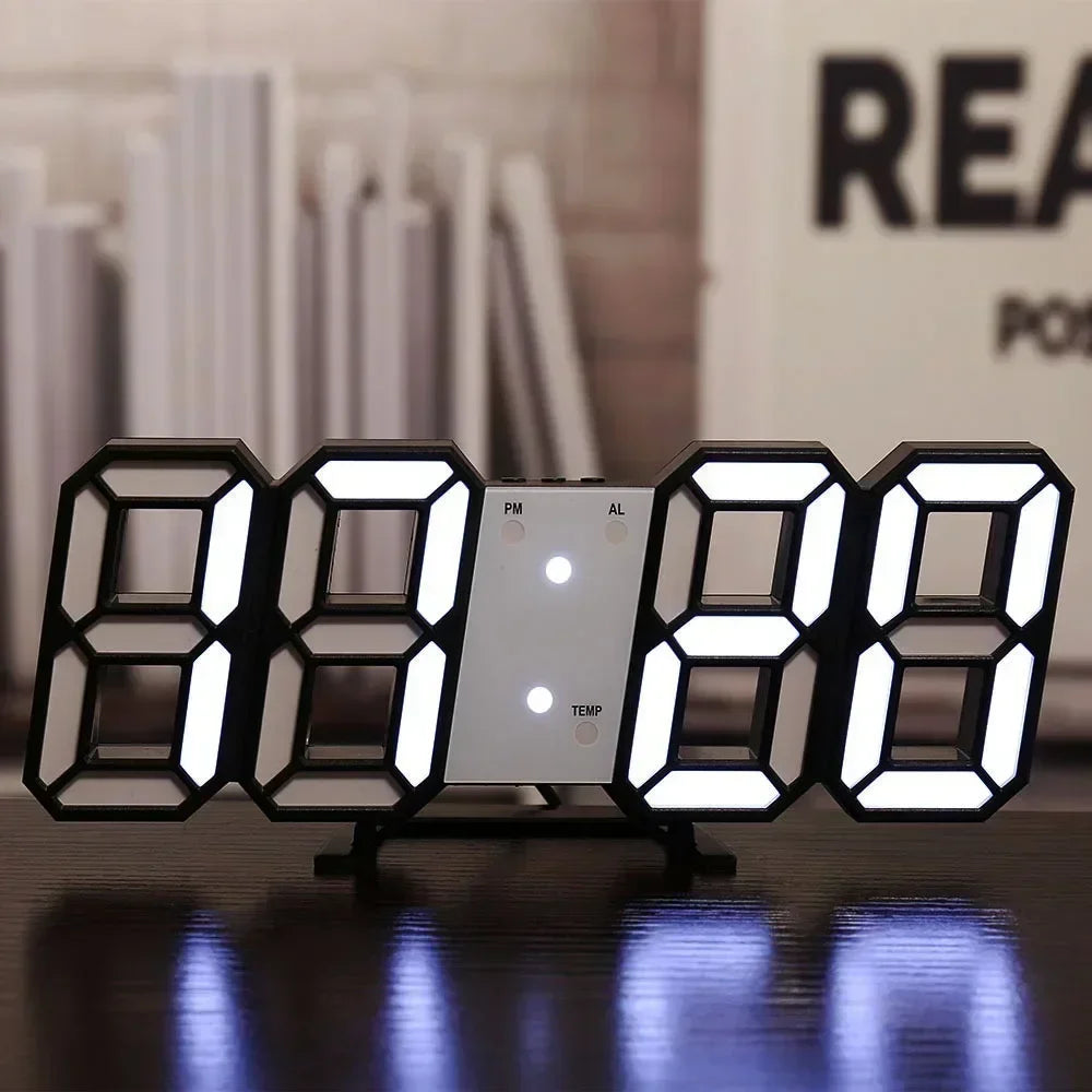 Reloj digital LED 3D de pared con modo nocturno luminoso; decoración electrónica ajustable con estética ideal para dormitorios.