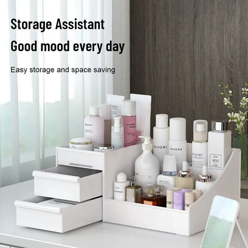 1 unidad - Caja organizadora de maquillaje con cajón (blanca) - Organizador de plástico para escritorio, tocador o dormitorio (para cosméticos y productos de cuidado de la piel)