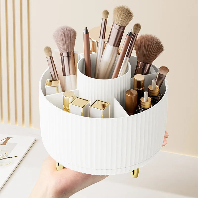 Organizador de maquillaje giratorio 360° para escritorio: caja de almacenamiento de gran capacidad para baño, portátil y apta para labiales, brochas y lápices.