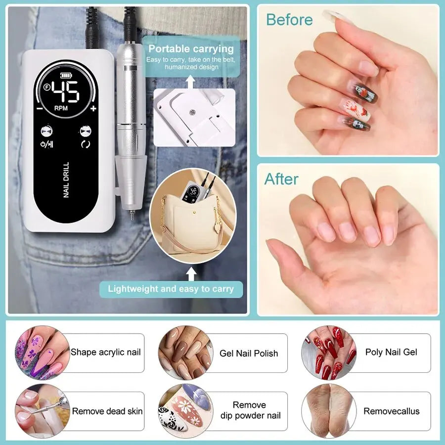 Torno eléctrico portátil y profesional para uñas (45.000 RPM): recargable, silencioso y apto para manicura en salones de belleza.