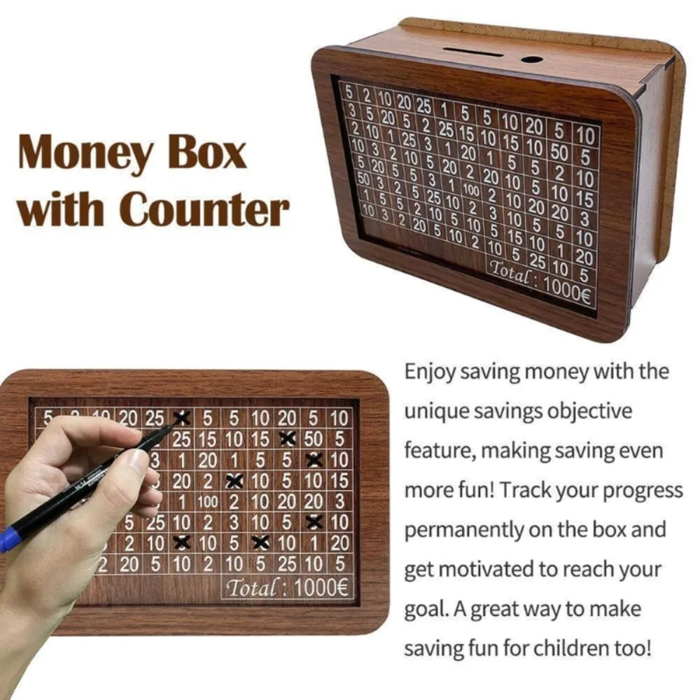Hucha de madera reutilizable para ahorrar 1000/3000/5000/10000 euros; caja de seguridad para efectivo y desafío de ahorro ( para niños o adultos )