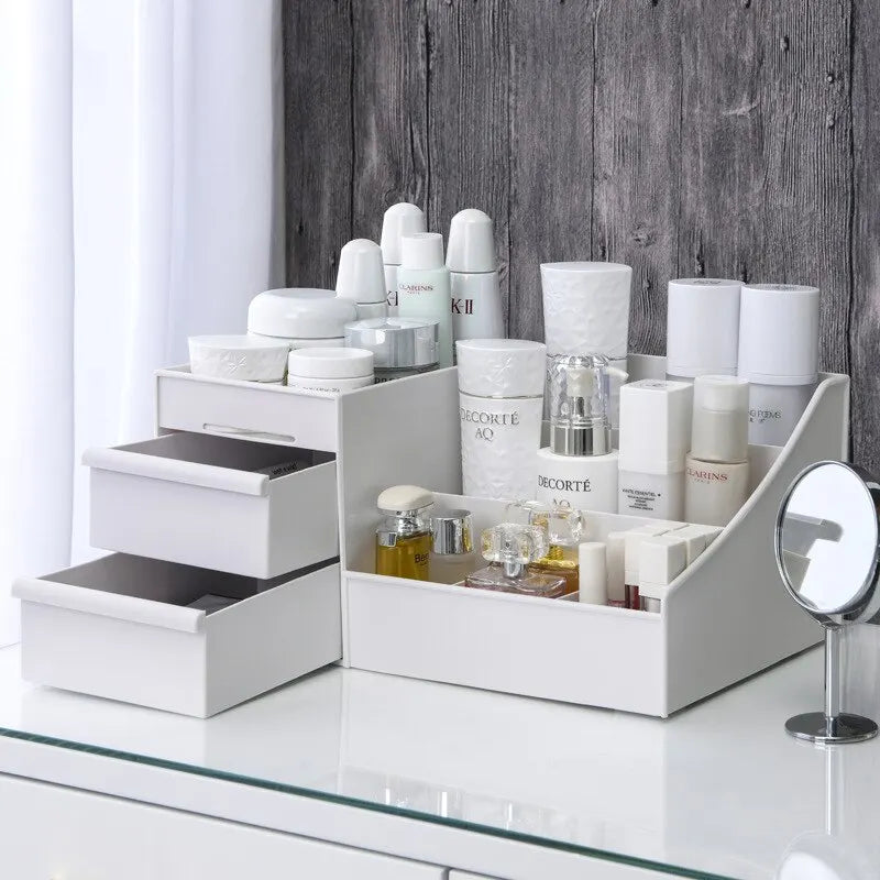 1 unidad - Caja organizadora de maquillaje con cajón (blanca) - Organizador de plástico para escritorio, tocador o dormitorio (para cosméticos y productos de cuidado de la piel)