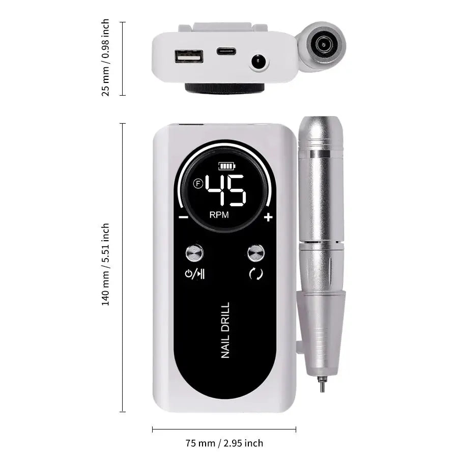 Torno eléctrico portátil y profesional para uñas (45.000 RPM): recargable, silencioso y apto para manicura en salones de belleza.