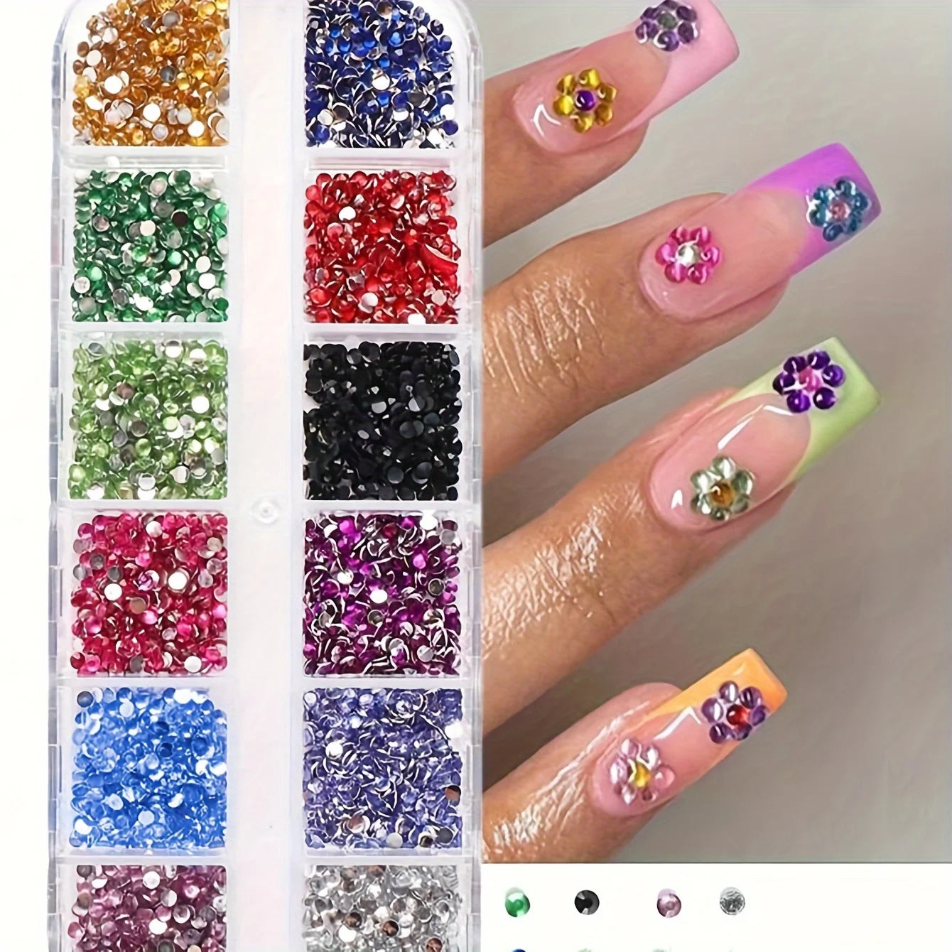 Set de 12 compartimentos con pedrería brillante para uñas: