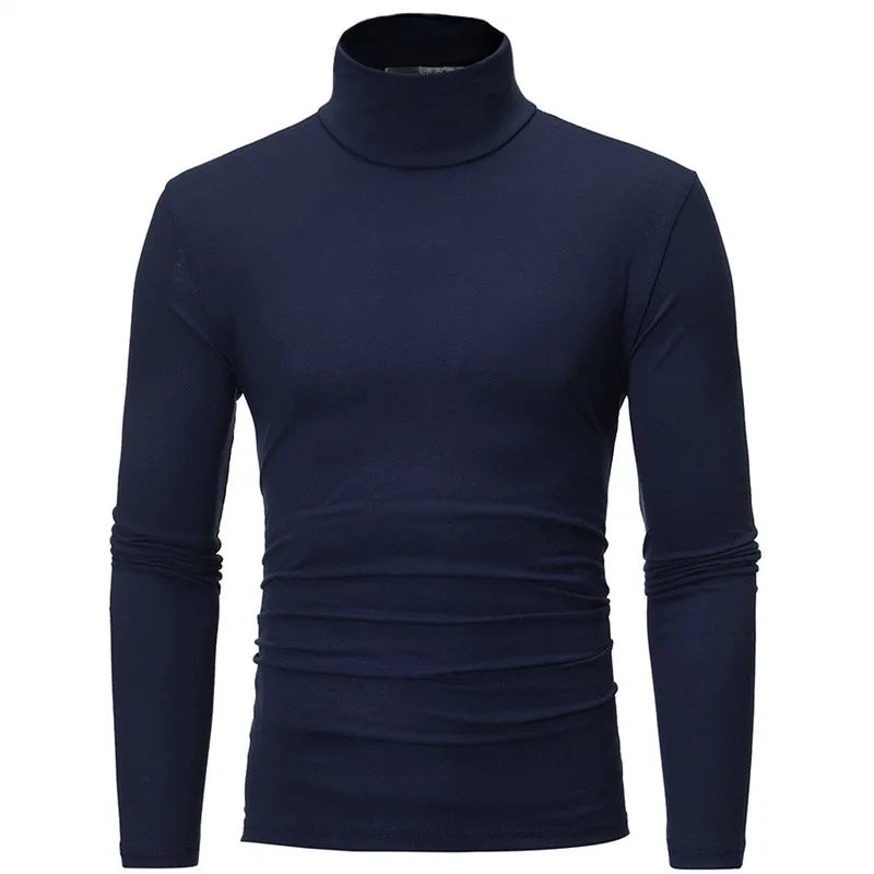 Camiseta térmica de manga larga para hombre: cuello alto, ajuste entallado y tejido fino; ideal para otoño e invierno.
