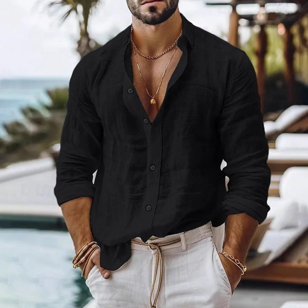 Camisa de algodón y lino para hombre, estilo playero de verano
