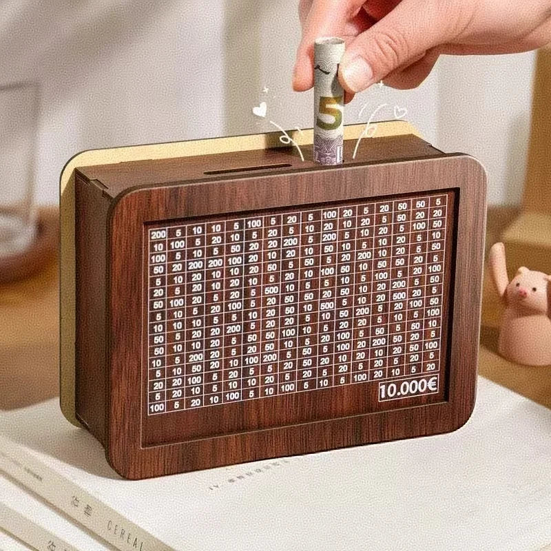 Hucha de madera reutilizable para ahorrar 1000/3000/5000/10000 euros; caja de seguridad para efectivo y desafío de ahorro ( para niños o adultos )