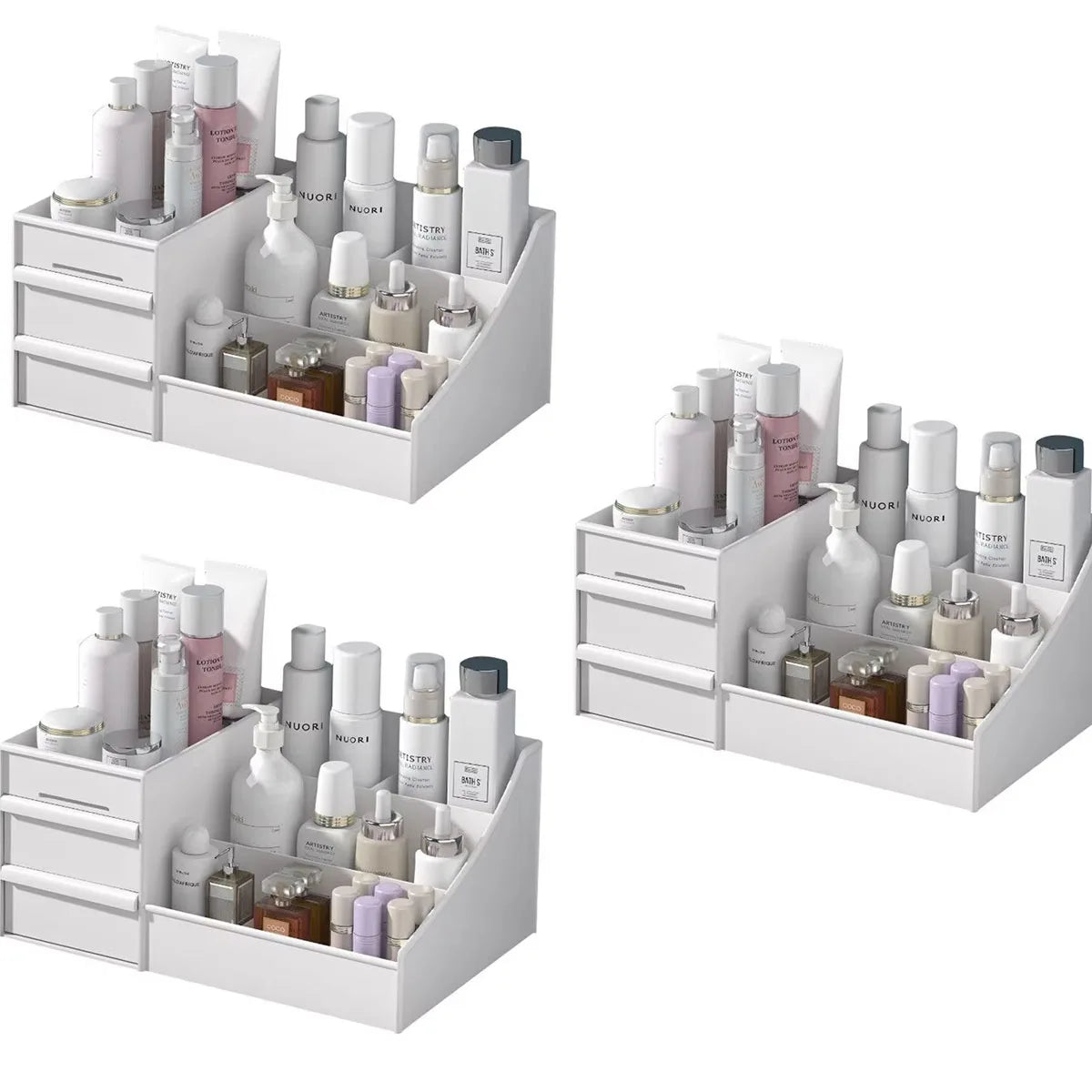 1 unidad - Caja organizadora de maquillaje con cajón (blanca) - Organizador de plástico para escritorio, tocador o dormitorio (para cosméticos y productos de cuidado de la piel)